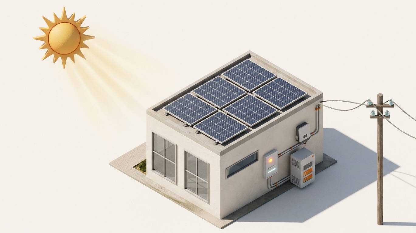 Isometric 3D render of a building with rooftop solar panels, inverter, battery cabinet, and grid connection