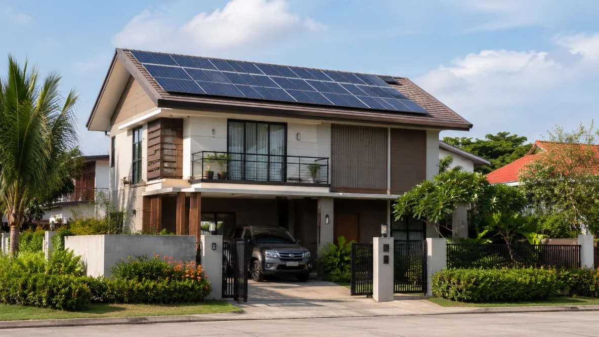 Residential home with rooftop solar panels