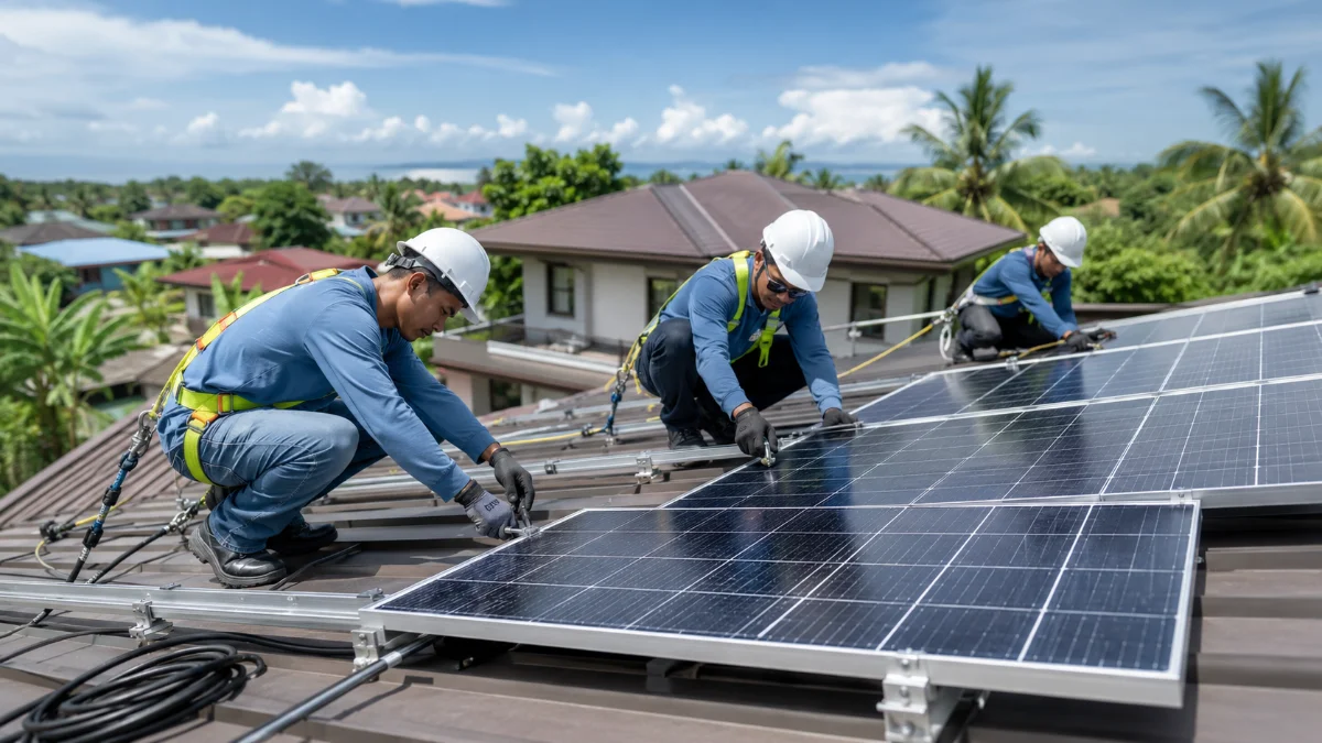 Solar installers fitting panels on a residential rooftop