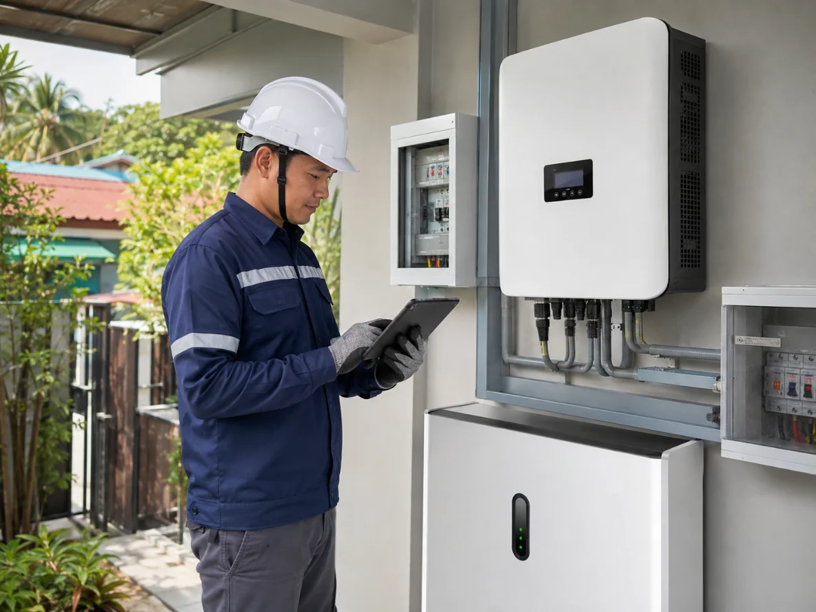 Solar installer inspecting a hybrid inverter and battery system